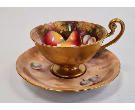 Royal Worcester fruit painted teacup and saucer by E. Townsend, printed puce and blue marks, 20th century, painted with ripen