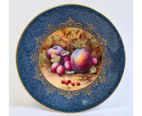 Royal Worcester powder blue ground fruit decorated plate, printed puce marks, printed date codes for 1926, impressed marks, p