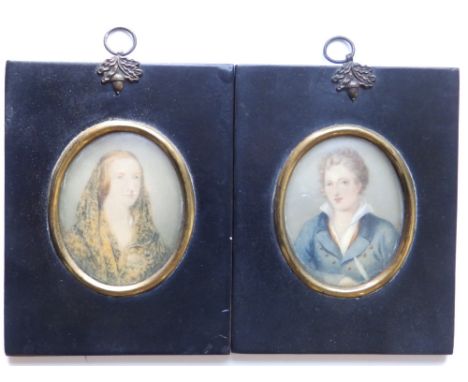 A pair of 19thC watercolour miniatures – Portraits of Percy Bysshe Shelley and Mary Godwin, 2.8” - fading to female portrait.