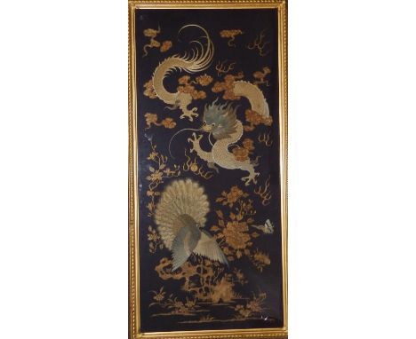 A late 19th/early 20thC Chinese silk embroidered panel worked in gold, silvered and coloured thread on a black ground to depi