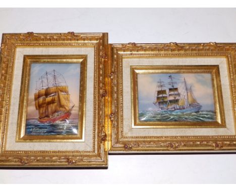 A small pair of framed  20thC Limoges enamel on copper plaques depicting sailing ships by Jean Betouene, 3.5”  (2)