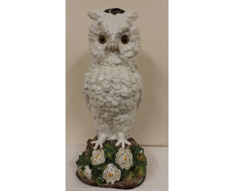 A large Victorian porcelain snowy owl oil lamp base with impressed lozenge mark, 17” high – slight loss to applied flowers.