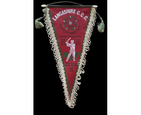 Cricket Vintage Lancashire County Cricket Club small pennant, Gillette Cup Winners 1970-1971. County Champions 1926,1927,1928