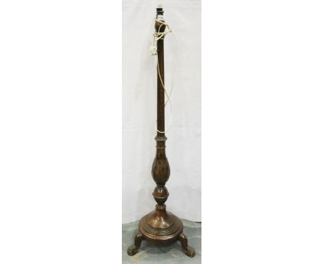 Early 20th century lamp with reeded column and carved Acanthus leave, H: 148 cm. Not available for in-house P&amp;P, contact 