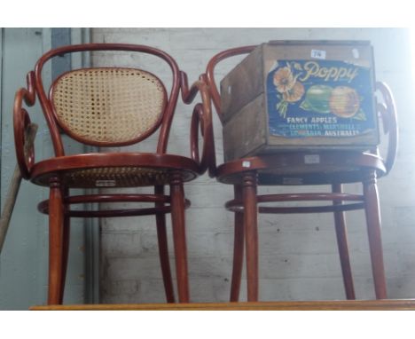 A PAIR OF THONET STYLE BENTWOOD ARMCHAIRS BY DINETTE, and a vintage fruit box