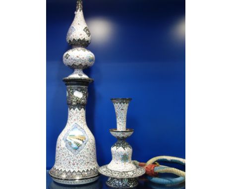 AN ENAMEL HOOKHA PIPE, LATE 19TH/EARLY 20TH CENTURY, decorated throughout wiht flower scrolls, 61cm high