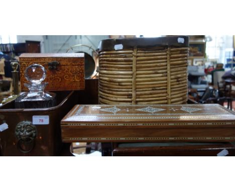 A CUT GLASS DECANTER, a copper planter and other items