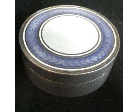 A SILVER ENGINE TURNED DRESSING TABLE CONTAINER with guilloche enamelled lid