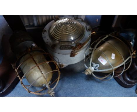 A HEYES LIGHTING BULKHEAD LAMP and two similar caged light fittings
