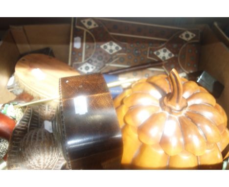 A COLLECTION OF MIXED SUNDRIES, including an oak cased barometer, enamel picture, a Vizagapatam box and book slide, fruitwood