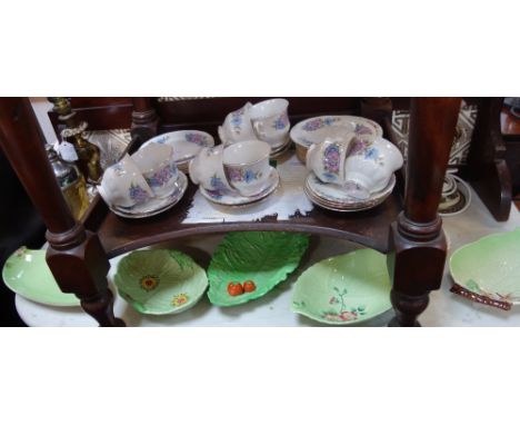 A 1930'S ART DECO GLASS COCKTAIL SHAKER and glasses, a floral teaset, a collection of Carltonware leaf dishes and other items