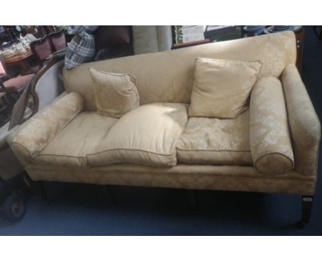 A GEORGE III STYLE SOFA IN GOLD DAMASK, ON SIX SQUARE TAPERING LEGS 183 cm wide