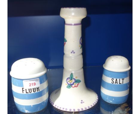 A POOLE POTTERY CARTER STABLER ADAMS SINGLE CANDLESTICK, red bodied, decorated in the AQ pattern, and two T.G GREEN &amp; CO 