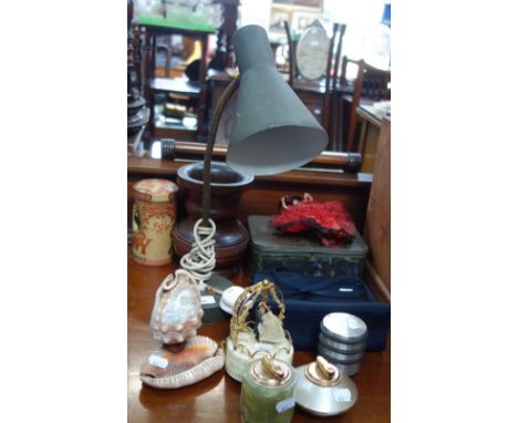 A MID CENTURY MODERN ADJUSTABLE LAMP, a Vintage handbag and sundries