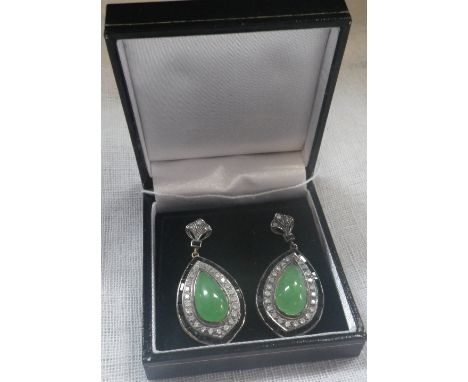 A PAIR OF DROP EARRINGS set with cabochon jade, onyx and diamonds, in a fitted presentation case
