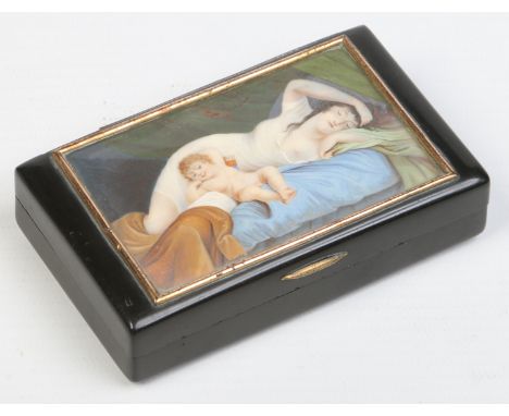 A 19th century carved ebony snuff box with hinged cover. Painted with a portrait miniature under pinchbeck mount depicting Cu