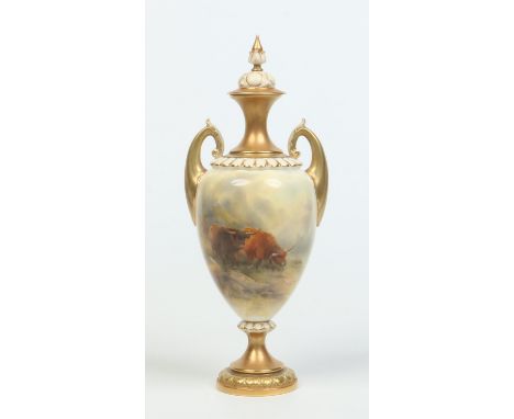 A Royal Worcester twin handled pedestal urn and cover by John Stinton. Finely enamelled with a pair of grazing highland cattl