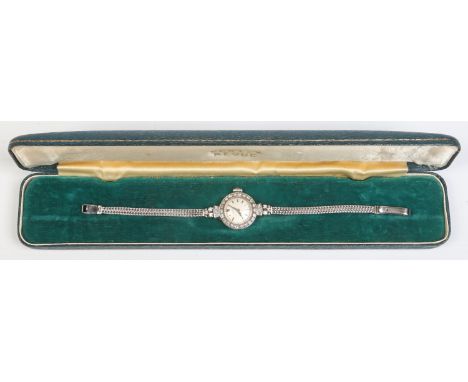 A ladies Art Deco cased Vertex 9 carat white gold manual cocktail watch with diamond bezel and lugs. Gross weight 16.76 grams