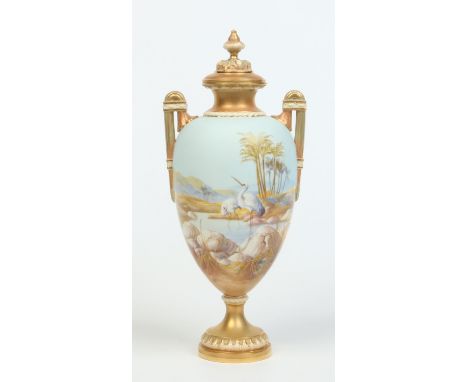 * Condition report updated. A Royal Worcester twin handled urn and cover by William Powell. With gilded mouldings, ground in 