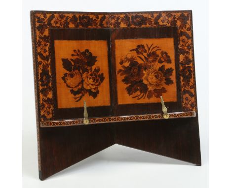 A 19th century rosewood and Tunbridge inlaid book stand with strut stand, 26cm wide.   Condition Report. To be used as a guid