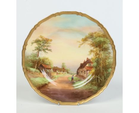 A Royal Worcester cabinet plate by Charles Creese. With a tooled gilt border and painted with a named view of Welford on Avon