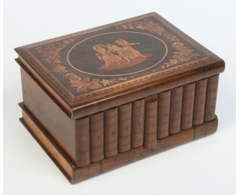 A 19th century Sorento ware box. With marquetry inlaid top depicting three dancing figures under floral spandrels, moulded to