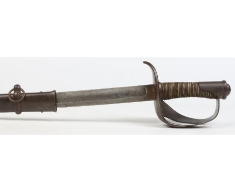 An early 19th century infantry sword with wire grip, fullered blade and metal scabbard. Blade length 89cm.   Condition Report