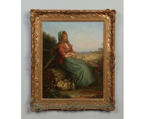 English school 19th century, gilt framed oil on canvas. Portrait of a forlorn young maiden in a country landscape, 50cm x 40c