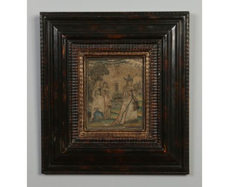 A framed 17th century domestic embroidery, three maidens in a river landscape with buildings and a dog in the foreground, 18c