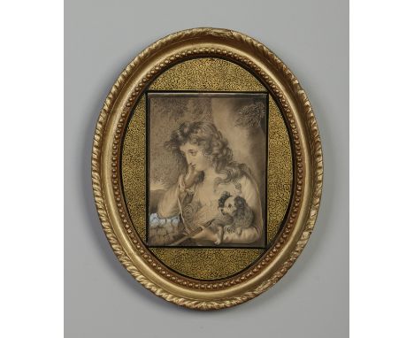 A late 18th century monochrome watercolour portrait of a young girl and spaniel. With verre églomisé mount and in oval gilt f
