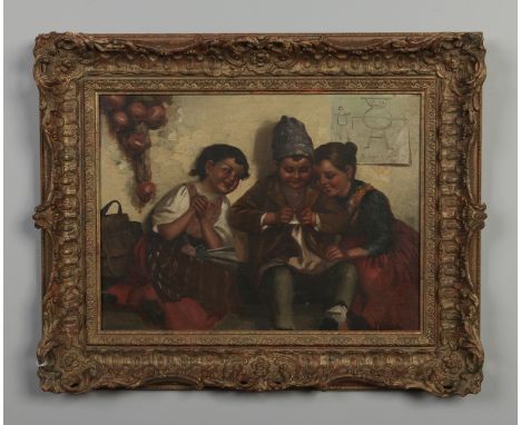 Continental school, an early 20th century gilt framed oil on canvas. Portrait of three children. Signed Moresia, 29cm x 39cm.
