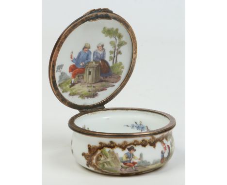 A 19th century German Meissen style porcelain circular trinket box with hinged cover. Painted in coloured enamels with figure