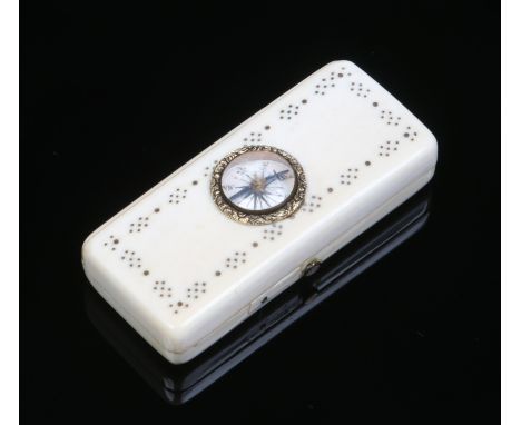 A Victorian ivory toothpick case with piquet inlay. Set to the cover with a compass and fitted inside with a mirror and therm