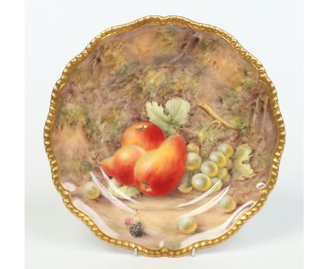 A Royal Worcester cabinet plate with gadroon moulded rim edged in gilt. Painted to the centre with pears, grapes and blackber