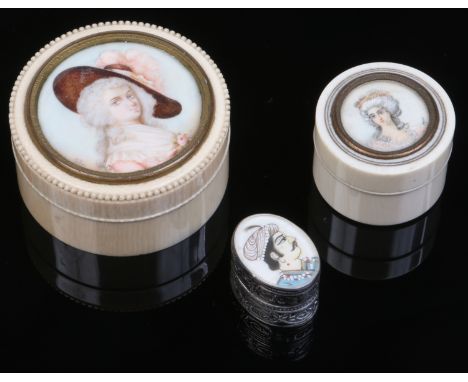 Two Victorian ivory trinket boxes set with ivory portrait miniatures of ladies to the covers and an Indian white metal ovoid 