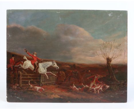 After Henry Thomas Alken (1785-1851). Unframed oil on panel, fox hunting scene with red coats and pack of beagles at a gate. 