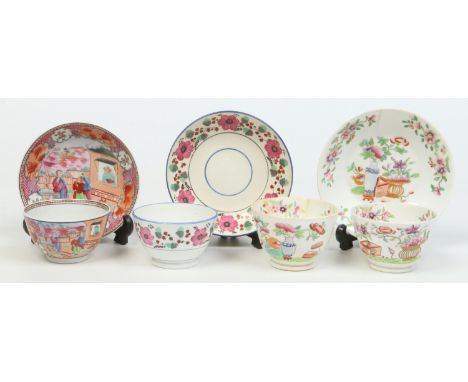 Four Newhall tea bowls and three saucers of matching patterns. One painted with Mandarin figures, one in the rose jar pattern