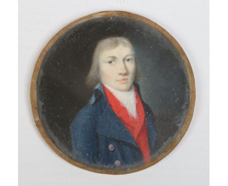 A late Georgian circular portrait miniature of a gentleman wearing a blue coat, red waistcoat and cravat, 6cm diameter.   Con