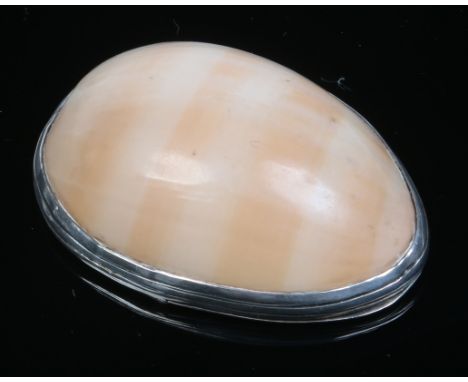 A Georgian shell snuff box with hinged white metal mount, 5cm.   Condition Report. To be used as a guide only.  Good conditio