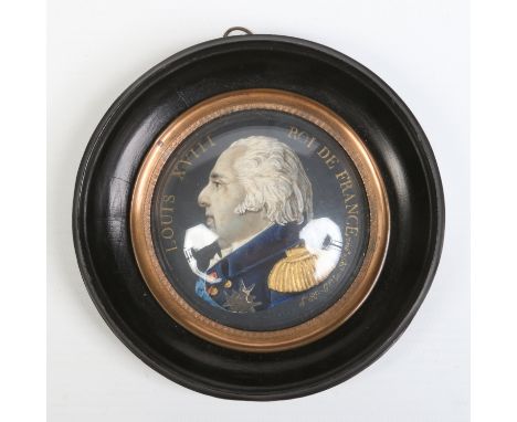 An early 19th century French portrait miniature of King Luois XVIII wearing a blue coat, cravat and gold epaulettes.     Cond