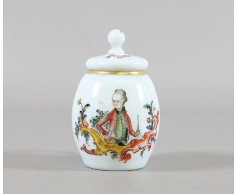 A late 18th century Continental milchglas mustard pot and cover painted with the portrait of a nobleman, 10.5cm.   Condition 
