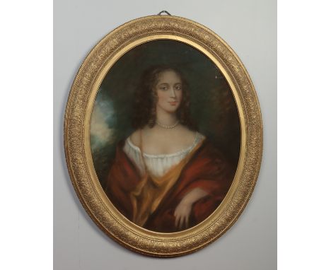 After Sir Peter Lely, late 19th / early 20th century large gilt framed oval pastel portrait of a maiden. Named verso as Charl