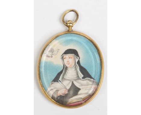A 19th century double sided portrait miniature pendant in gilt metal mount. Depicting scenes from the annunciation and crucif