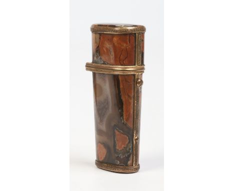 An early 19th century gilt metal mounted agate etui of tapering form. Containing nine tools including folding set square and 