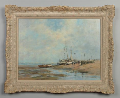Gordon Radford (1936-2015). A framed oil on board, coastal scene with beached fishing boats and figures. Signed, 35cm x 60cm.