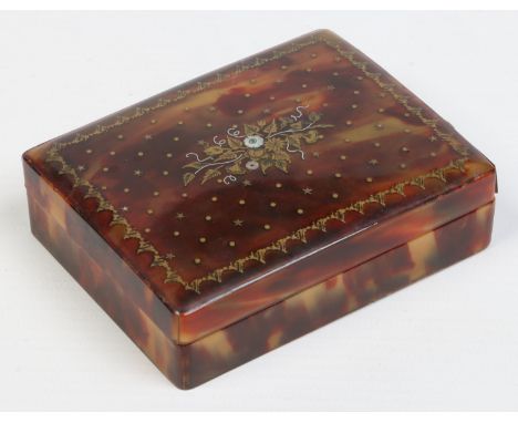 An early 19th century tortoiseshell trinket box with hinged cover and piquet inlay, 8.5cm wide.    Condition Report. To be us