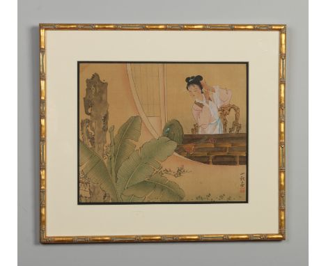A Japanese watercolour on silk in faux bamboo gilt frame. Portrait of a Bijin, signed, 25cm x 30cm.   Condition Report. To be