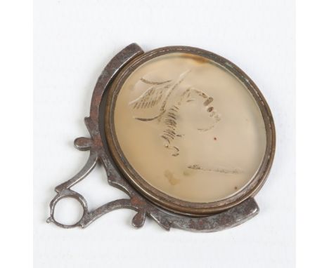 A Georgian steel large rotating fob with ovoid intaglio portrait of Mercury, 3.75cm wide.   Condition Report. To be used as a