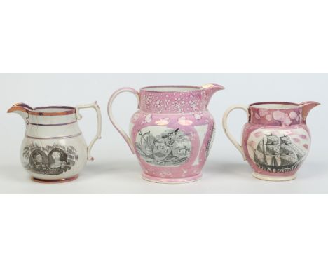 Three 19th century Sunderland lustre jugs. All decorated in underglaze black transfer print, to the memory of Princess Charlo