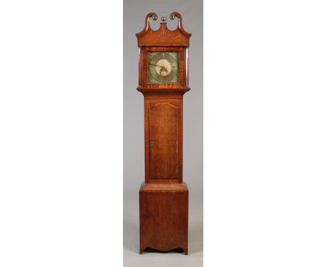 A George III oak and mahogany 30 hour cottage longcase clock by W. Barnard of Newark. With square brass 11" dial ornamented w